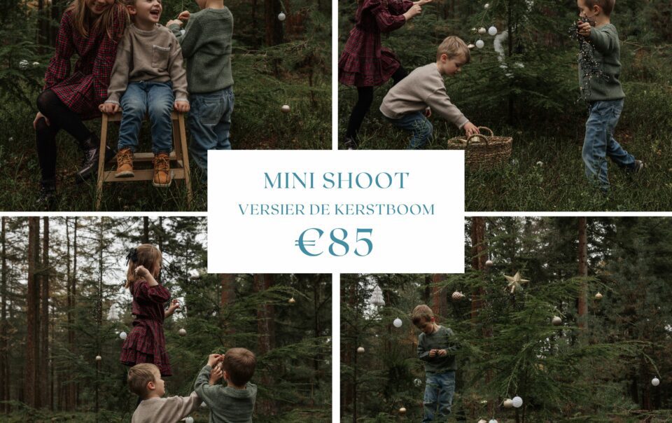 Gezin geniet van spontane kerstfotoshoot buiten met kerstboom en decoratie bij Van Dam Fotografie.